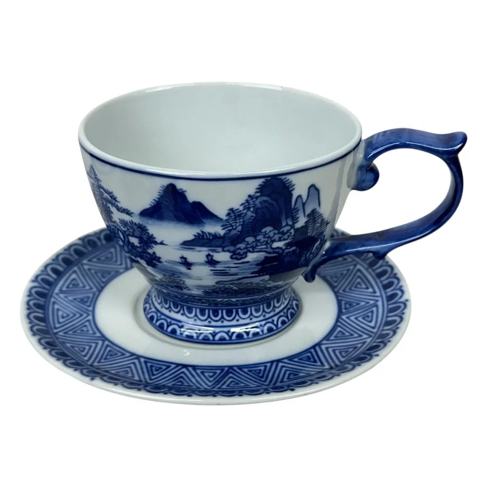 Bombay Four Mountains Blue White Porcelain Teacups Saucers Asian Landscape Set 4